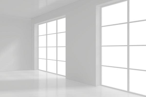 فضای داخلی اتاق سفید به سبک مینیمال با پس زمینه دیوار خالی رندر سه بعدی