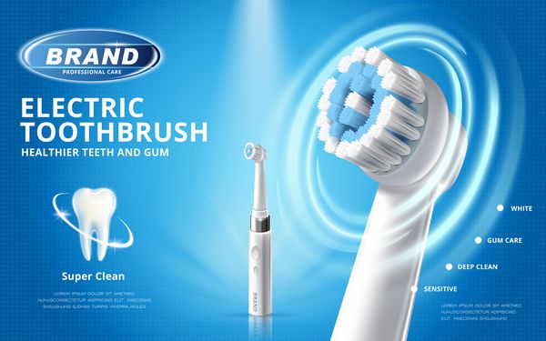 تبلیغات مسواک برقی حالت های مختلف این محصول با مدل دندان سفید در زمینه آبی در تصویر سه بعدی