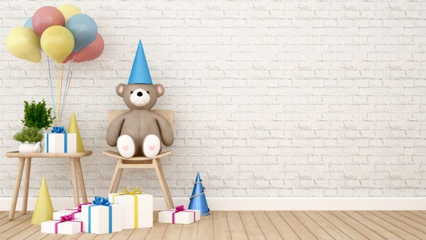 خرس با بادکنک و هدیه در اتاق کودک - رندر سه بعدی