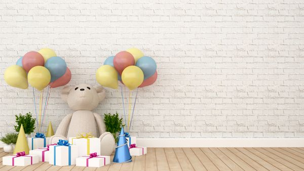 خرس با هدیه و بادکنک در اتاق کودک - رندر سه بعدی