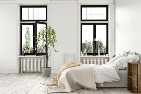 اتاق خواب لوکس مدرن با نور روشن با پنجره های بلند مشرف به باغ و کف و دیوارهای چوبی تک رنگ سفید تخت با روکش فرش در رندر سه بعدی