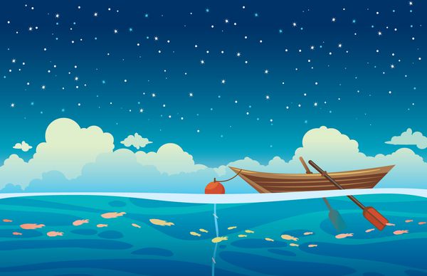 وکتور مناظر دریایی - قایق چوبی با شناور در دریای آبی در آسمان پرستاره شب با ابرها