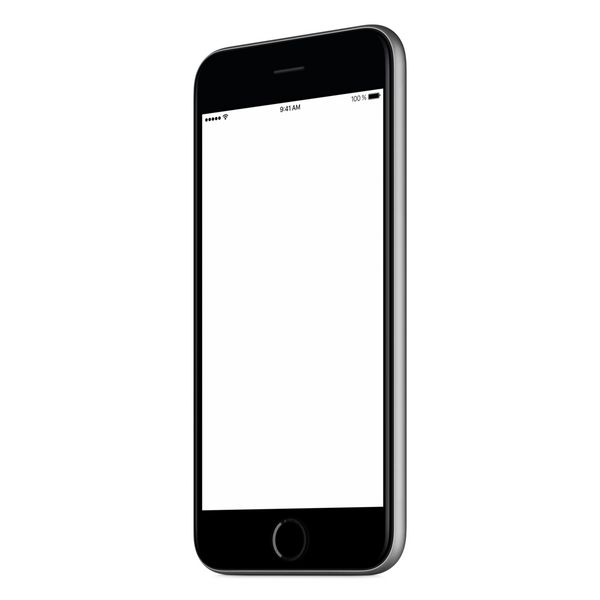 ماکت مشکی تلفن همراه هوشمند که کمی در جهت عقربه‌های ساعت چرخانده شده است و صفحه خالی آن بر روی پس‌زمینه سفید جدا شده است شما می توانید از این مدل گوشی هوشمند برای ارائه نمونه کارها یا طراحی یا کمپین تبلیغاتی استفاده کنید