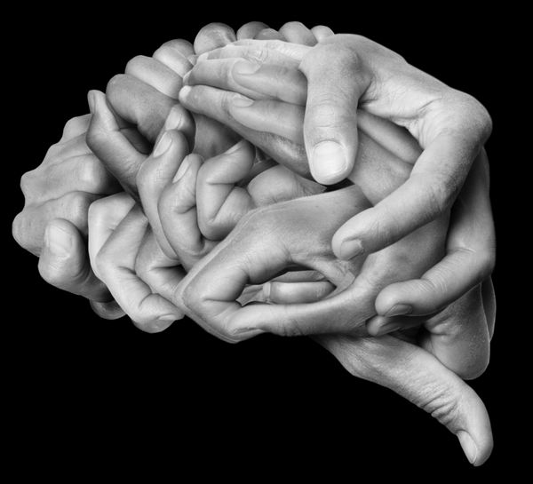 مغز انسان که با دست ساخته شده است دست های مختلف به هم پیچیده شده و یک مغز را تشکیل می دهند
