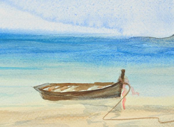 یک قایق ماهیگیری روی دریای آبی نقاشی آبرنگ