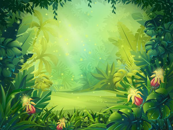 تصویر کارتونی وکتور پس زمینه جنگل صبحگاهی جنگل روشن با سرخس و گل برای طراحی بازی وب سایت و تلفن همراه چاپ