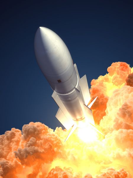 پرتاب موشک در ابرهای آتش تصویرسازی سه بعدی