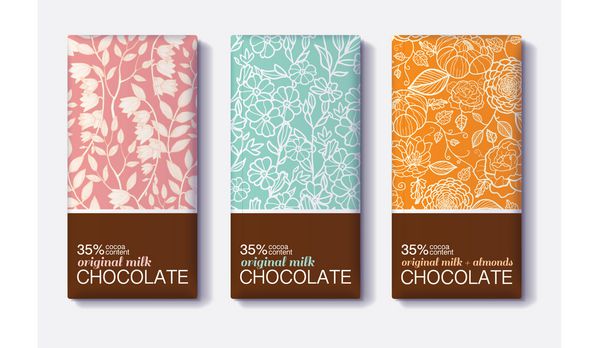 وکتور ست طرح بسته بندی شکلاتی با طرح های گل وینتیج شیر تیره بادام مجموعه قالب بسته بندی قابل ویرایش