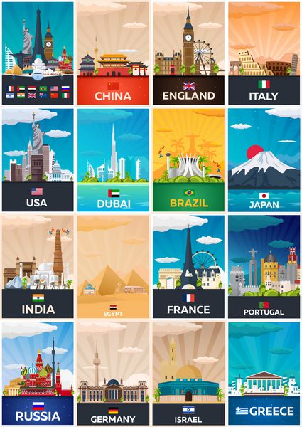 مجموعه بزرگ پوسترهای سفر به کشور وکتور تصویر مسطح