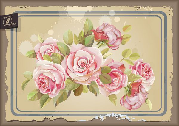 کارت پستال رترو با رز صورتی وکتور با گل های آبرنگ از دسته گل رز می توان به عنوان کارت دعوت عروسی استفاده کرد قالب گلدار وینتیج برای طراحی تبریک