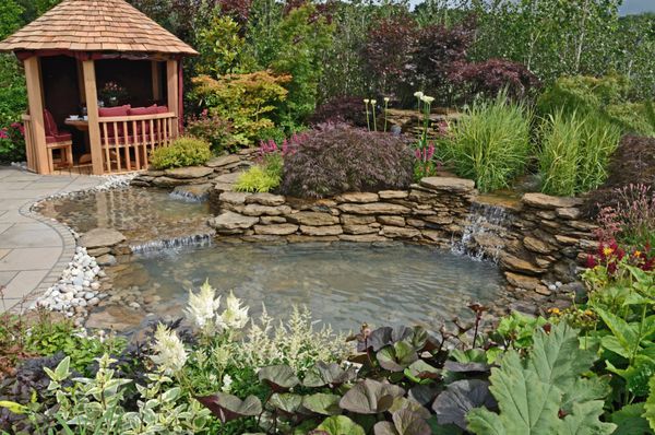 محوطه حوضچه‌ای در باغ آبی رفلکسس با سنگ‌های کاشته شده و غذاخوری در فضای باز