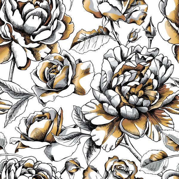 الگوی بدون درز با تصویر گل صد تومانی و رز طلایی در پس‌زمینه سفید وکتور