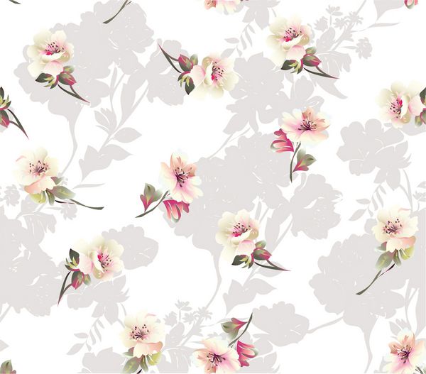 الگوی با گل های بهاری کوچک در زمینه سفید با شبح گل