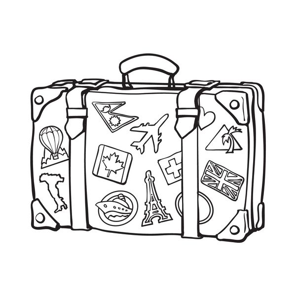 چمدان مسافرتی به سبک رترو دستی با برچسب وکتور طرح سیاه و سفید جدا شده در پس زمینه سفید طراحی دستی واقع گرایانه از چمدان قدیمی با برچسب های توریستی