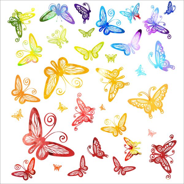 پروانه های چند رنگ آبرنگ جدا شده در پس زمینه سفید الگوی ترکیب بردار حشرات رنگ های جوهر