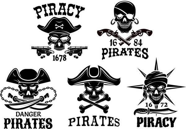 نمادهای دزدی دریایی و نمادهای وکتور دزدان دریایی جولی راجر جمجمه کاپیتان در کلاه و چشمی سه شاخ باندانا ملوان دزد یا نمادهای شمشیر شمشیر و تفنگ تپانچه لنگر کشتی و زنجیر