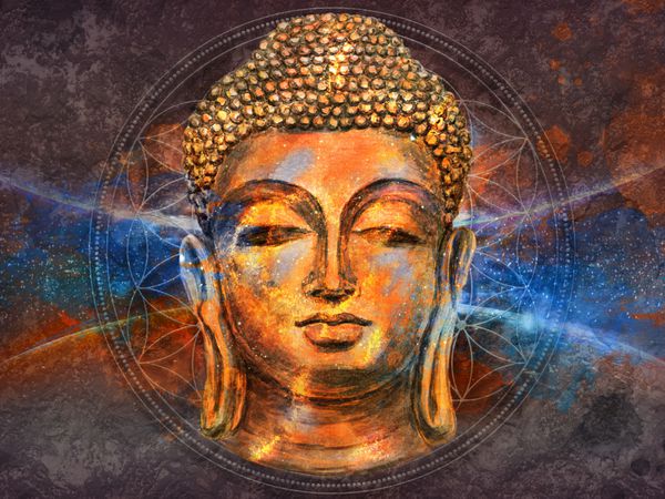 رئیس کلاژ هنر دیجیتال لرد بودا با آبرنگ ترکیب شده است پس زمینه بودا پورنیما