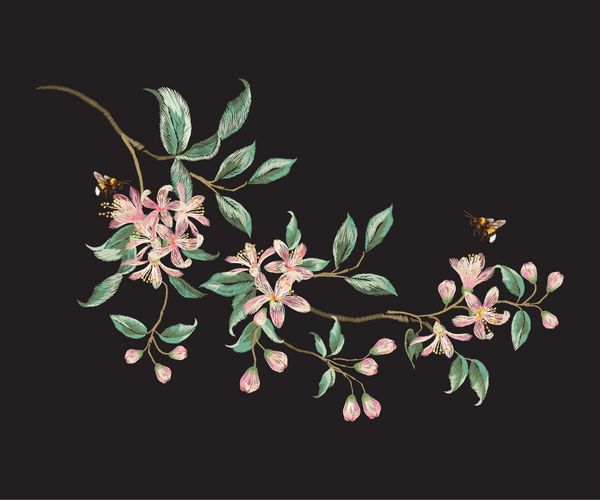 الگوی گلدوزی با شاخه گل های استوایی ژاپنی وکتور شکوفه پرتقال سنتی و زنبور عسل در زمینه مشکی برای طراحی