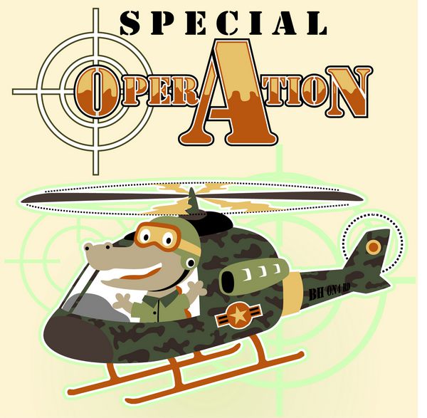 تمساح با هلیکوپتر نظامی در عملیات ویژه کارتون وکتور طرح تی شرت بچه گانه کاغذ دیواری