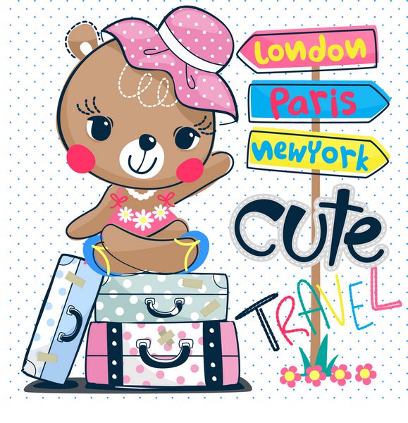 دختر خرس عروسکی کارتونی بامزه نشسته روی چمدان با تابلوی راه بر روی تصویر پس‌زمینه نقطه آبی رنگ