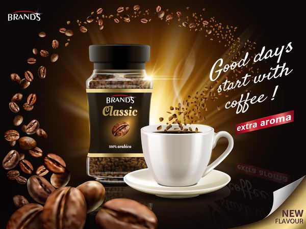 تبلیغ فوری قهوه عربیکا احاطه شده توسط عناصر بی شمار دانه قهوه تصویر سه بعدی