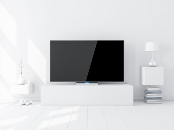 ماکت تلویزیون هوشمند تخت روی پایه در اتاق نشیمن مدرن سفید رندر سه بعدی