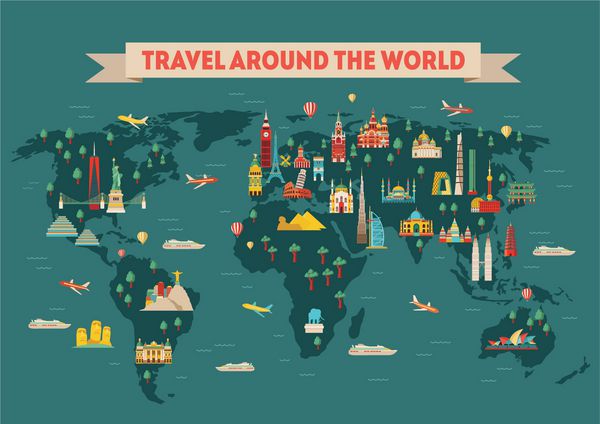 پوستر نقشه سفر جهان پیشینه سفر و گردشگری وکتور