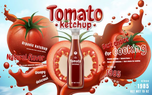 تبلیغ کچاپ گوجه فرنگی با عناصر گوجه فرنگی و کچاپ اسپلش تصویر سه بعدی