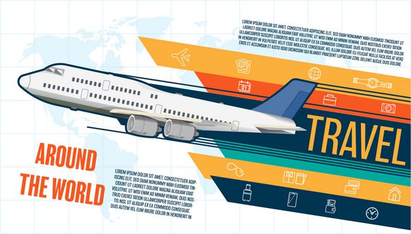 اینفوگرافیک سفر با هم مسافران جوانی که با هواپیما در سراسر جهان پرواز می کنند ماجراجویی در کشورهای خارجی