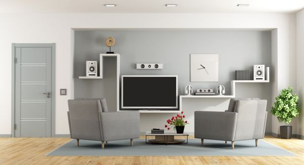 اتاق نشیمن مدرن با سیستم تلویزیون و سینمای خانگی - رندر سه بعدی