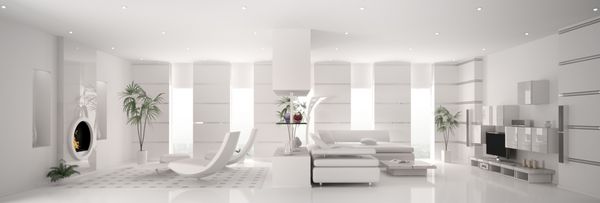 نمای داخلی آپارتمان سفید مدرن پانوراما سه بعدی
