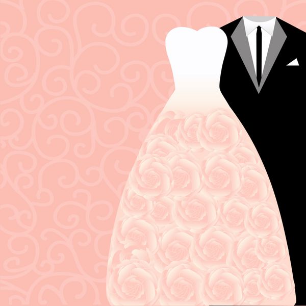 دعوت نامه عروسی با لباس تاکسیدو و لباس در پس زمینه انتزاعی عروس و داماد