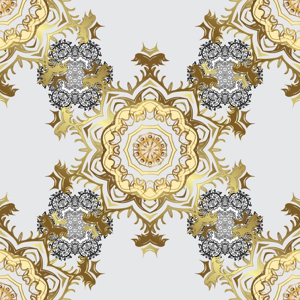 تزیین آراسته وکتور الگوی گل طلایی داماس روی پس‌زمینه خاکستری با ابله‌های سفید