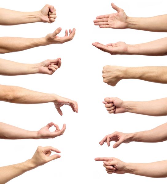 چندین حرکت دست مردانه قفقازی جدا شده روی پس‌زمینه سفید مجموعه‌ای از تصاویر متعدد