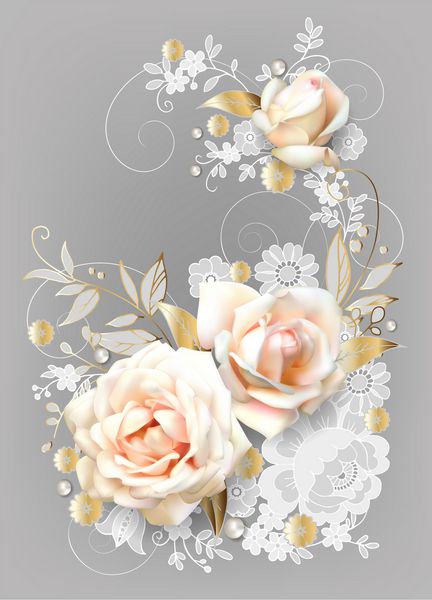 کارت عروسی عمودی با گل رز سفید توری هلندی و برگ های طلایی با جلوه سه بعدی