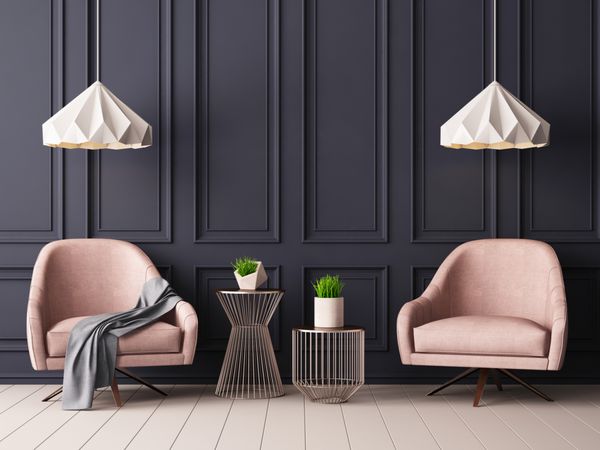 فضای داخلی پاستلی به سبک کلاسیک با صندلی های نرم و لامپ رندر سه بعدی