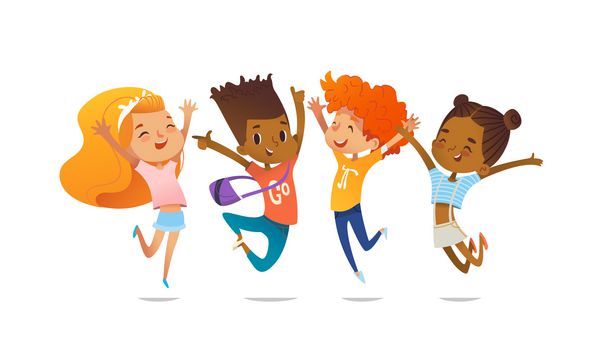 کودکان چند نژادی مدرسه شاد که با شادی می پرند و می خندند جدا شده در پس زمینه سفید مفهوم شادی شادی و سرگرمی وکتور برای بنر پوستر وب سایت دعوتنامه