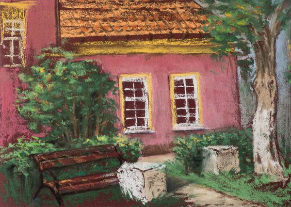 خانه قدیمی اروپایی سنتی با سقف کاشی کاری شده نیمکت و درخت سبز نمای شهری پاستیل های هنری طرح