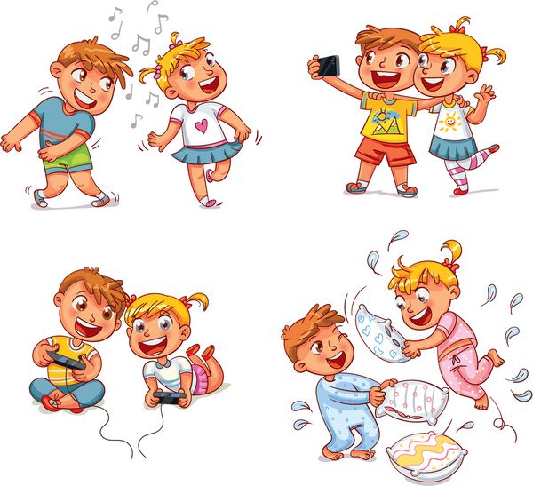 بچه‌ها برای ساختن خود پرتره با دستگاه تلفن همراه در دست بازی های ویدئویی دختر و پسر رقص با موسیقی دعوای خواهر و برادر با بالش شخصیت کارتونی خنده دار وکتور