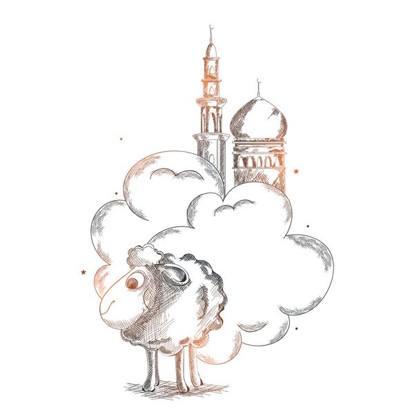 طرح مداد براق گوسفند و مسجد در زمینه سفید برای جشن اسلامی قربانی جشن عید قربان