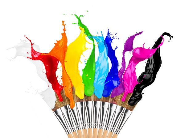 ردیف قلم مو با پاشش های رنگین کمان رنگارنگ جدا شده در پس زمینه سفید