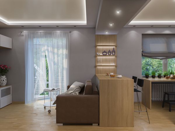 رندر سه بعدی اتاق نشیمن آشپزخانه هال اتاق خواب طراحی داخلی حمام در نمای بالا