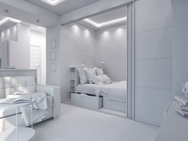 رندر سه بعدی طراحی داخلی اتاق نشیمن و اتاق خواب