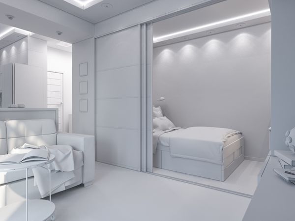 رندر سه بعدی طراحی داخلی اتاق نشیمن و اتاق خواب