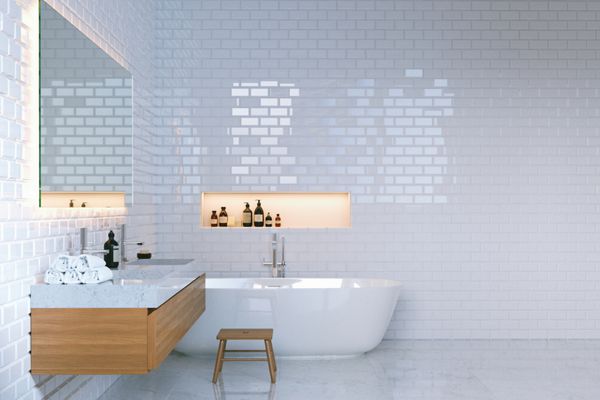 فضای داخلی حمام مینیمالیستی لوکس با دیوارهای آجری رندر سه بعدی