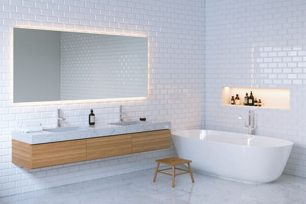 فضای داخلی حمام با ظرافت مینیمالیستی رندر سه بعدی