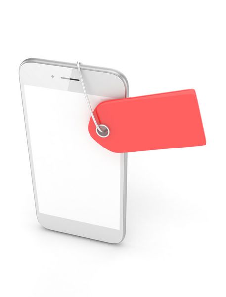 تلفن هوشمند سفید با برچسب قیمت قرمز در پس زمینه سفید شناسه قیمت برچسب رندر سه بعدی