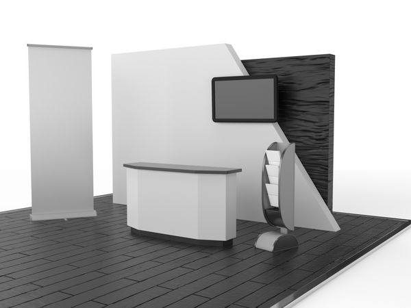 طراحی غرفه خالی در نمایشگاه با نمایشگر تلویزیون و رول آپ