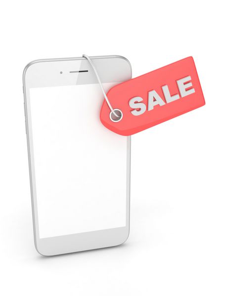 تلفن هوشمند سفید با برچسب قیمت قرمز در پس زمینه سفید شناسه قیمت برچسب رندر سه بعدی