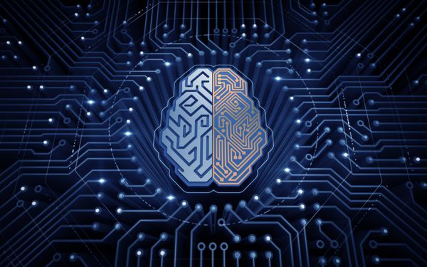 مغز سایبرنتیک تراشه الکترونیکی به شکل مغز انسان در فضای مجازی الکترونیکی تصویری با موضوع هوش مصنوعی